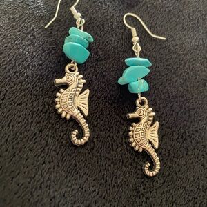 Blue and Silver Seahorse Earrings with Turquoise Accents